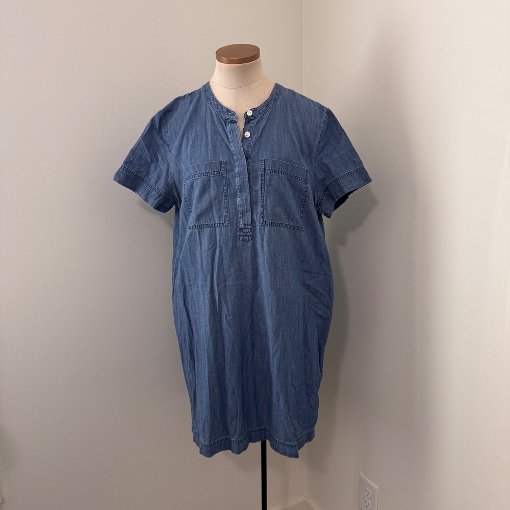 J Crew XL Chambray Blue Short Sleeve Shirt Dress 100% Cotton Mini Casual Beach